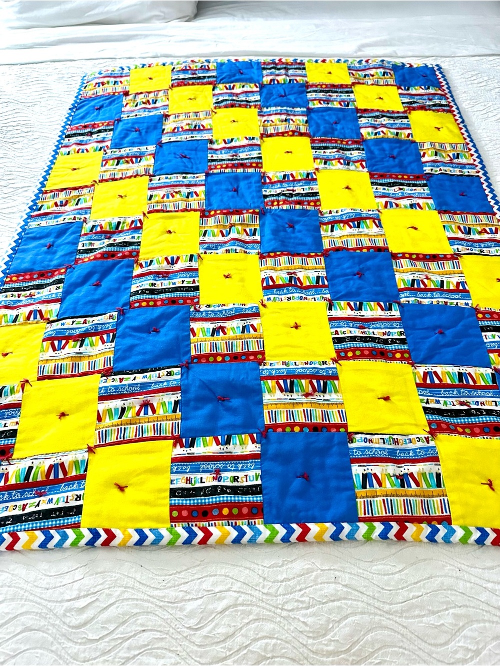 Handmade Patchwork Baby Quilt in Bright Blue & Yellow School themed 32x40